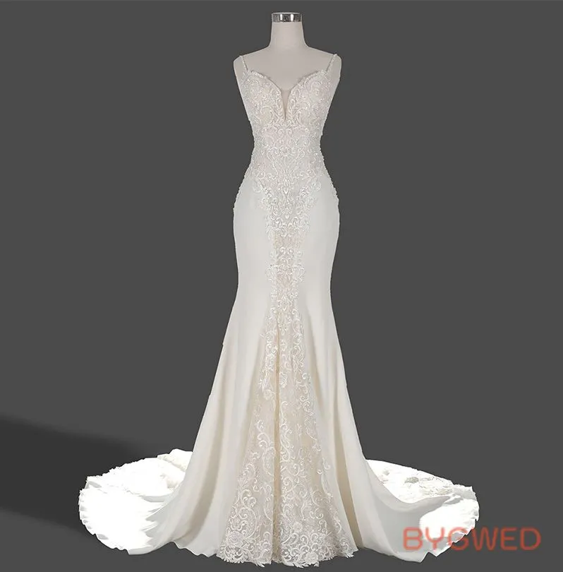 Deep V-neck with spaghetti strap mermaid bridal dress W24